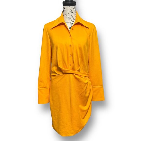 Zara L Yellow Collared Button Dress Draped Waist Hidden Zipper Long Sleeve Mini - Picture 1 of 9